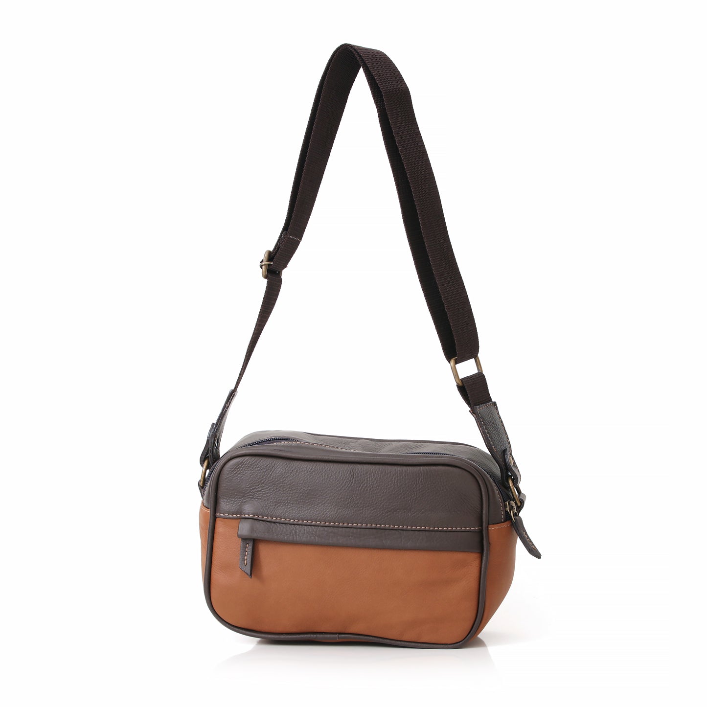 BOLSA CROSSBODY BICOLOR COURO CAMEL E CAFÉ