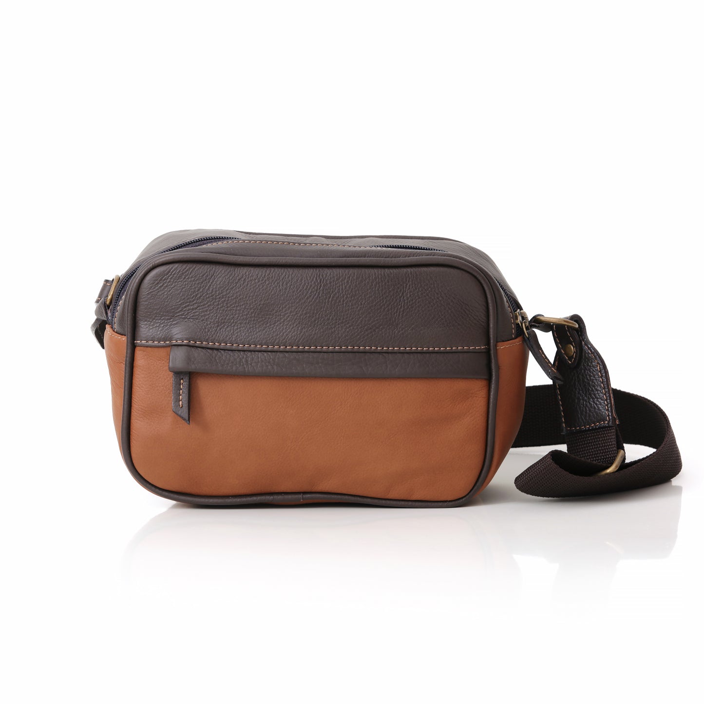 BOLSA CROSSBODY BICOLOR COURO CAMEL E CAFÉ